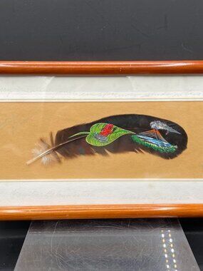 Costa Rican Painted Feather Art Tree Frog and Volcano Signed Matted and Framed